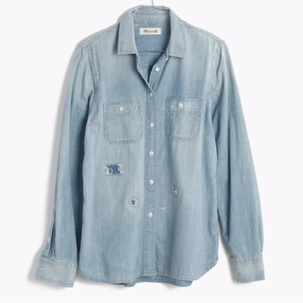 Madewell Rip & Repair Distressed Chambray Denim Button-Up Shirt - Picture 2 of 13